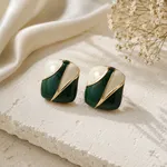 Dark-green-and-cream-geometric-statement-earrings-with-gold-tone-detail-for-women