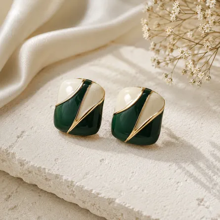 Dark-green-and-cream-geometric-statement-earrings-with-gold-tone-detail-for-women