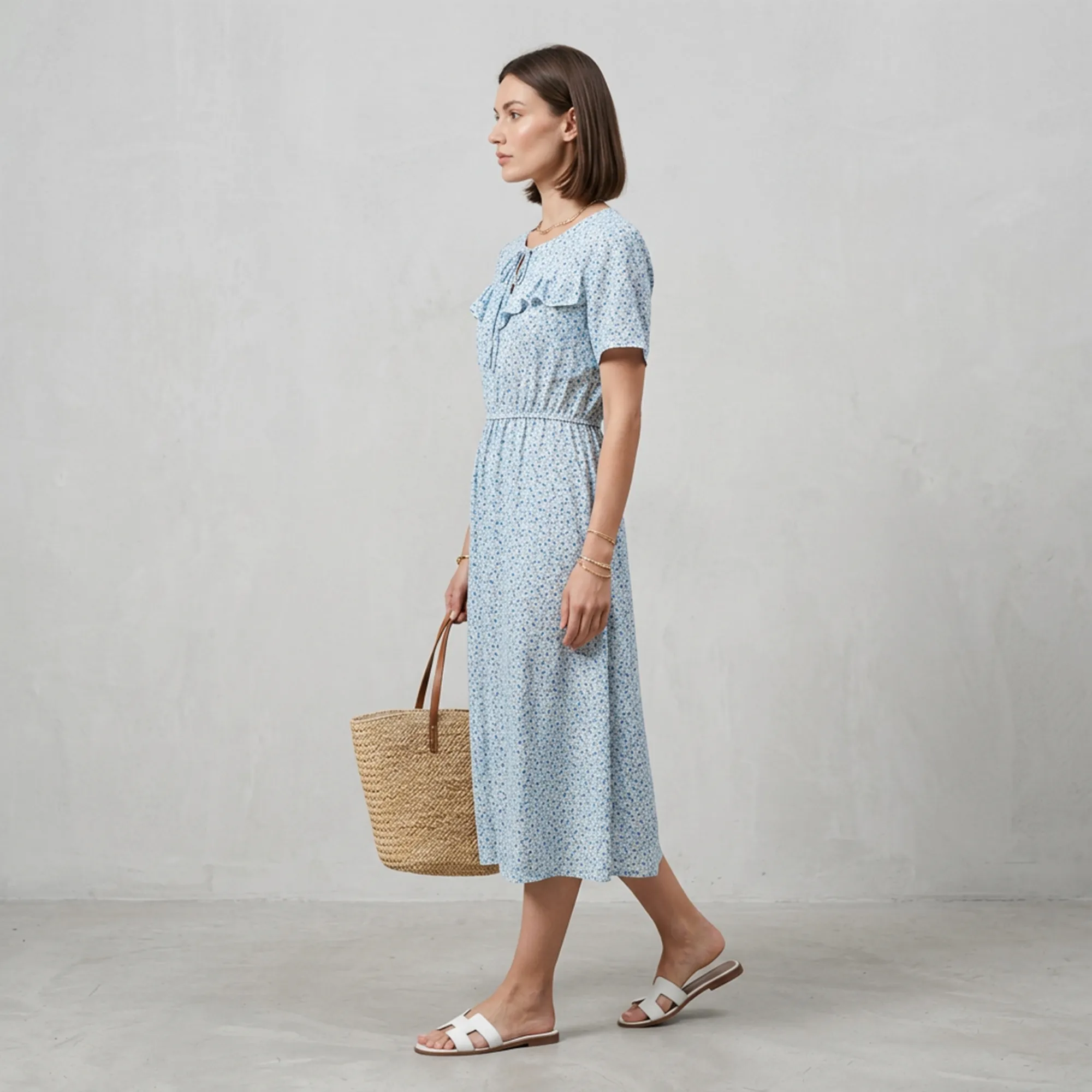 Light-blue-floral-printed-midi-dress-with-ruffle-detail-and-short-sleeves