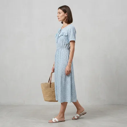 Light-blue-floral-printed-midi-dress-with-ruffle-detail-and-short-sleeves