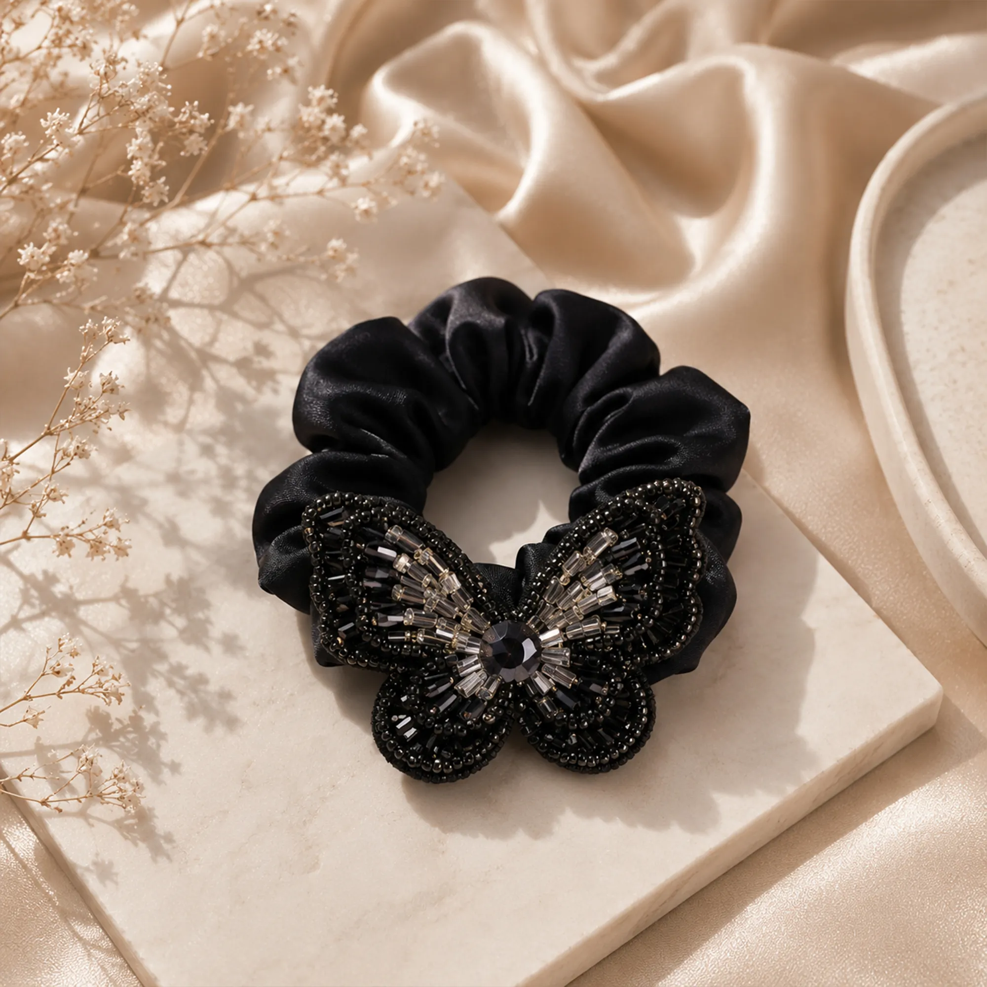 Black-satin-scrunchie-with-beaded-butterfly-design-hair-accessory