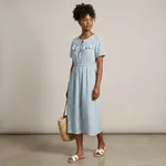 Light-blue-floral-printed-midi-dress-with-ruffle-detail-and-short-sleeves