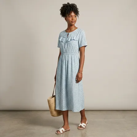 Light-blue-floral-printed-midi-dress-with-ruffle-detail-and-short-sleeves