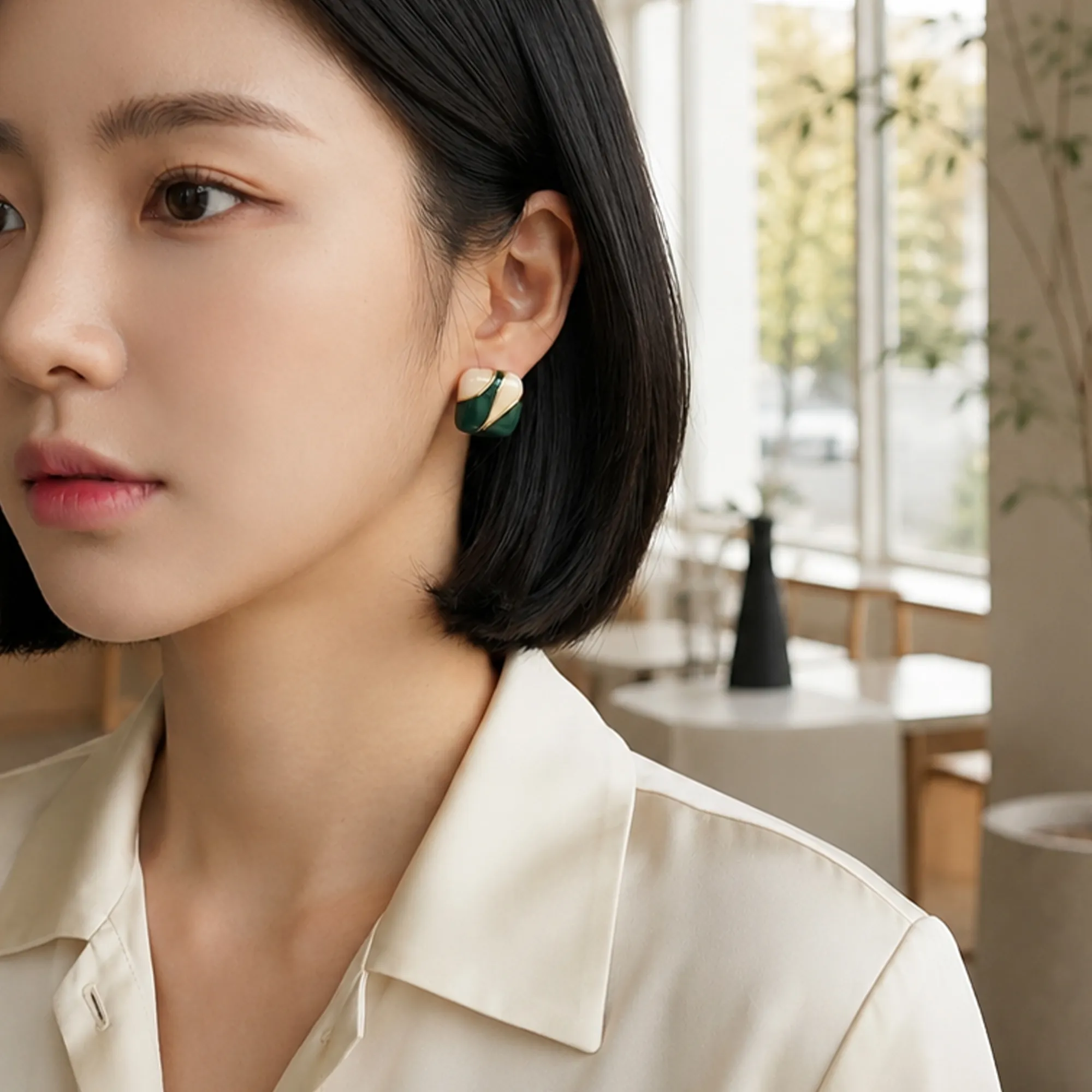 Dark-green-and-cream-geometric-statement-earrings-with-gold-tone-detail-for-women