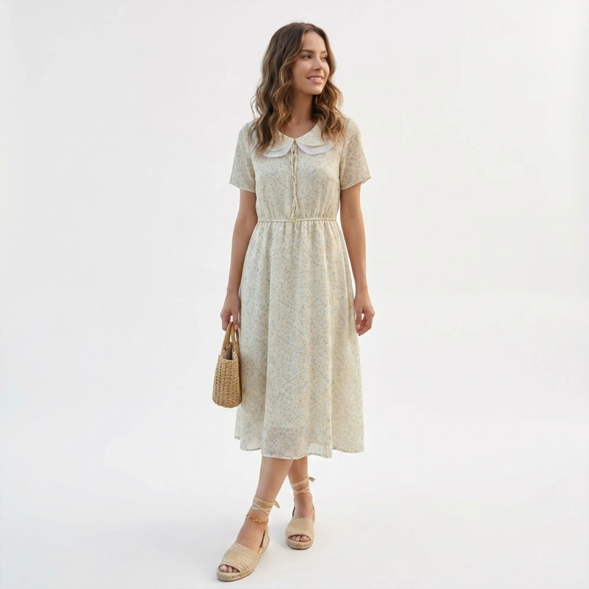 Beige-floral-midi-dress-with-peter-pan-collar-and-short-sleeves