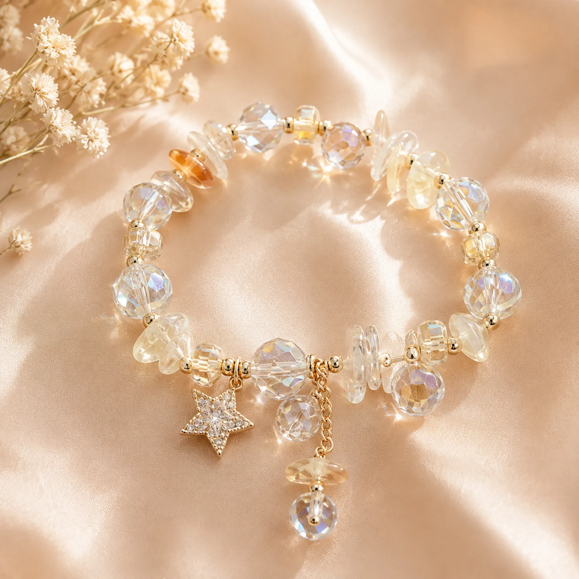 Clear-crystal-beaded-charm-bracelet-with-star-and-dangle-charms-for-women