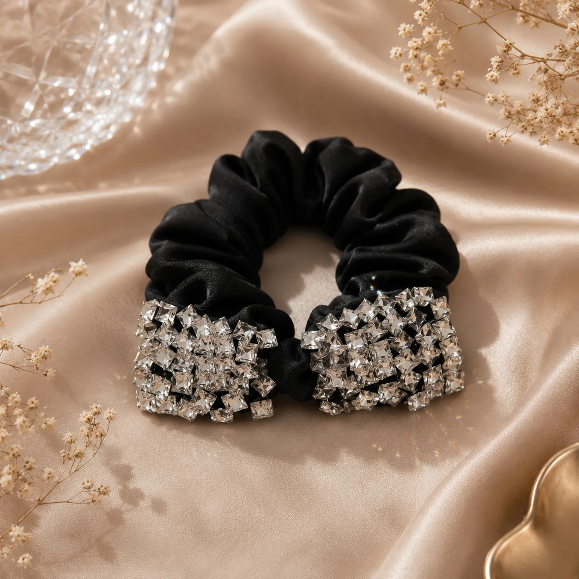 Black-satin-scrunchie-with-silver-crystal-embellished-bow-hair-accessory
