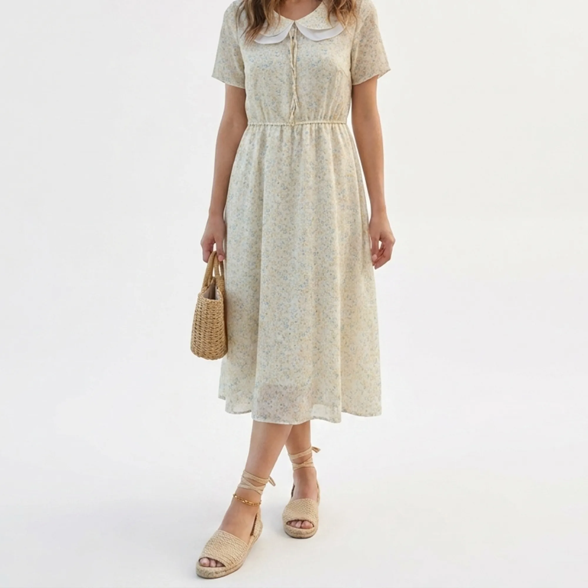 Beige-floral-midi-dress-with-peter-pan-collar-and-short-sleeves