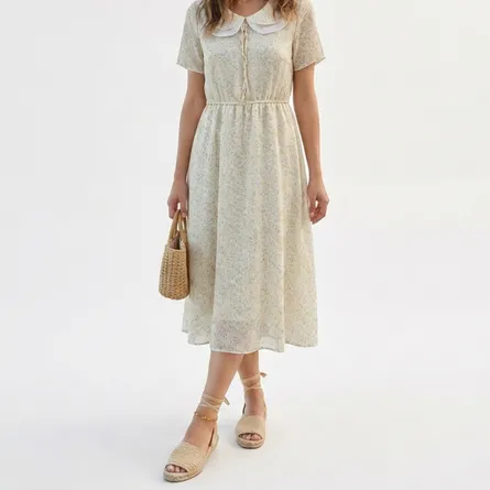 Beige-floral-midi-dress-with-peter-pan-collar-and-short-sleeves