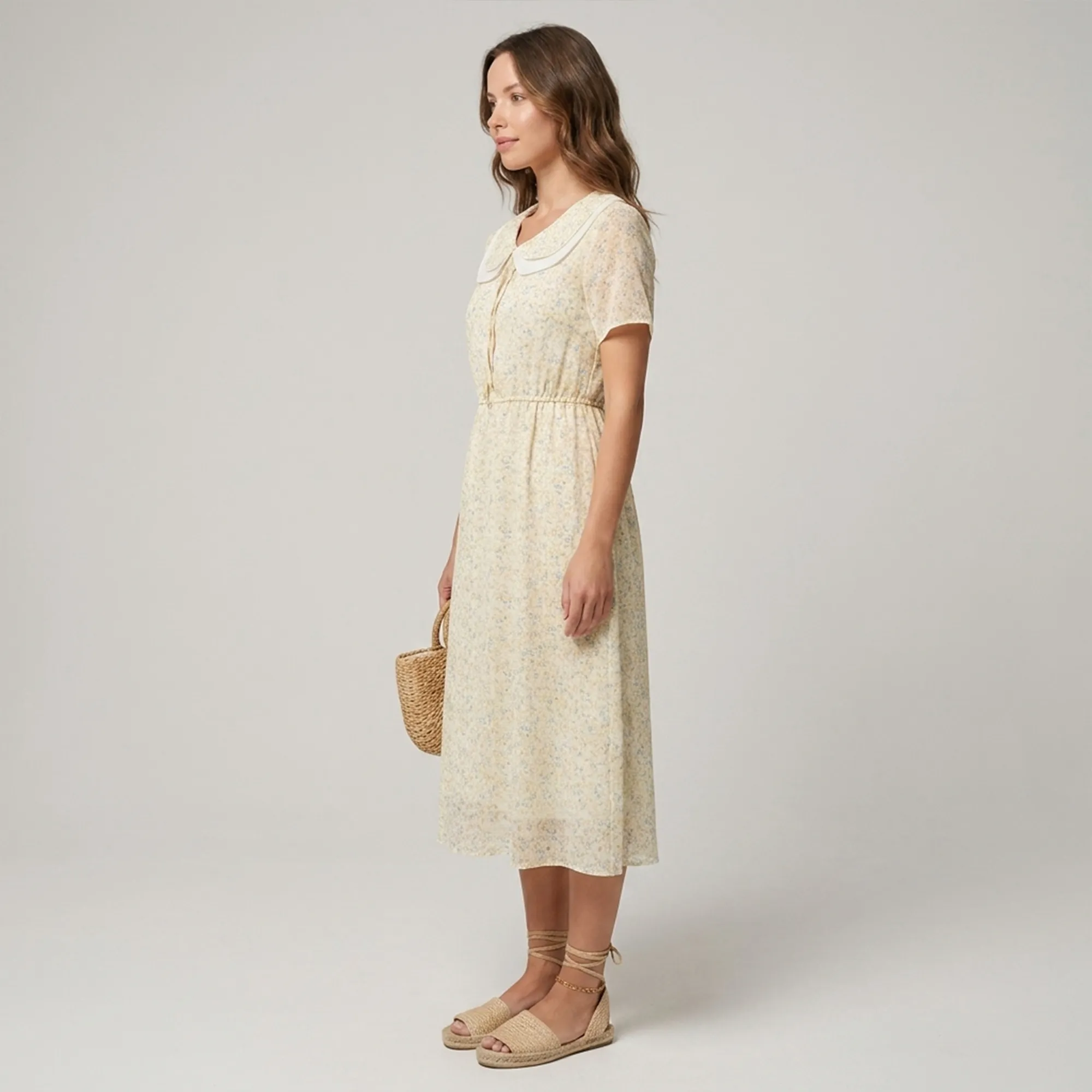 Beige-floral-midi-dress-with-peter-pan-collar-and-short-sleeves