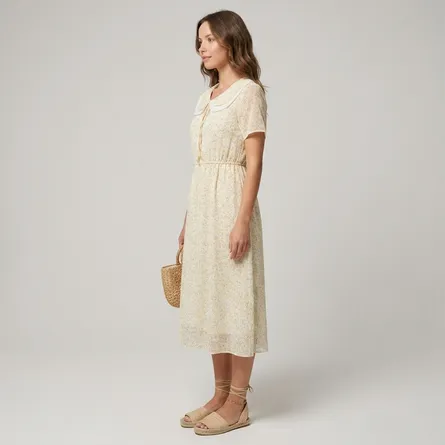 Beige-floral-midi-dress-with-peter-pan-collar-and-short-sleeves