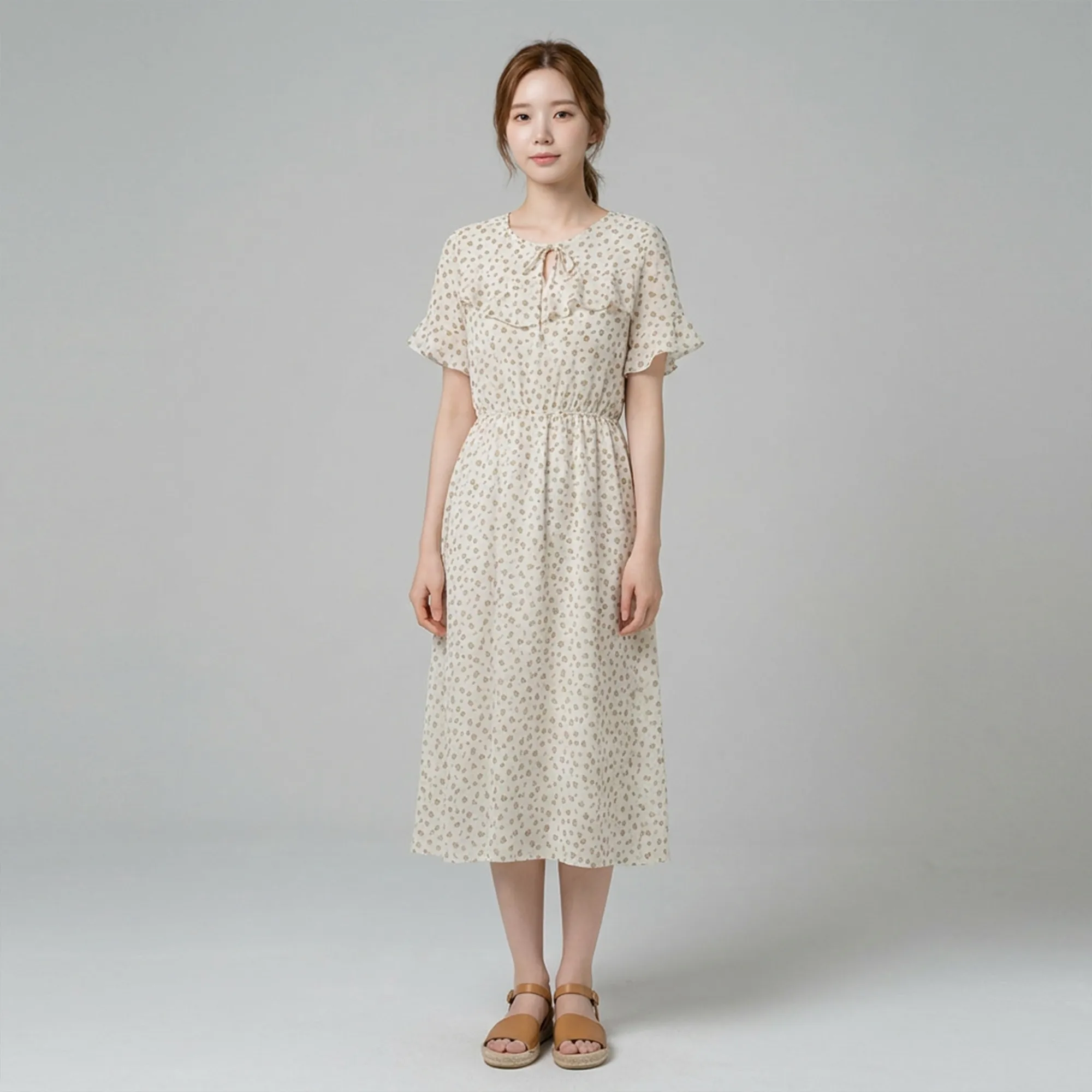 Beige-abstract-printed-midi-dress-with-ruffle-detail-and-flutter-sleeves