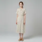 Beige-abstract-printed-midi-dress-with-ruffle-detail-and-flutter-sleeves