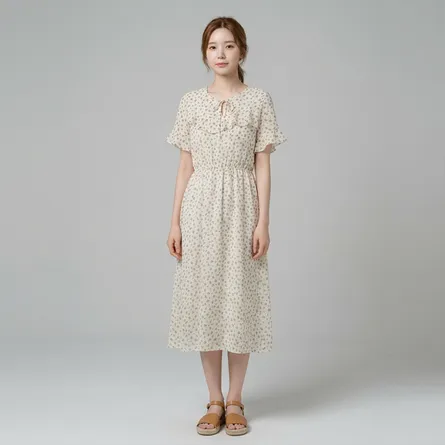 Beige-abstract-printed-midi-dress-with-ruffle-detail-and-flutter-sleeves