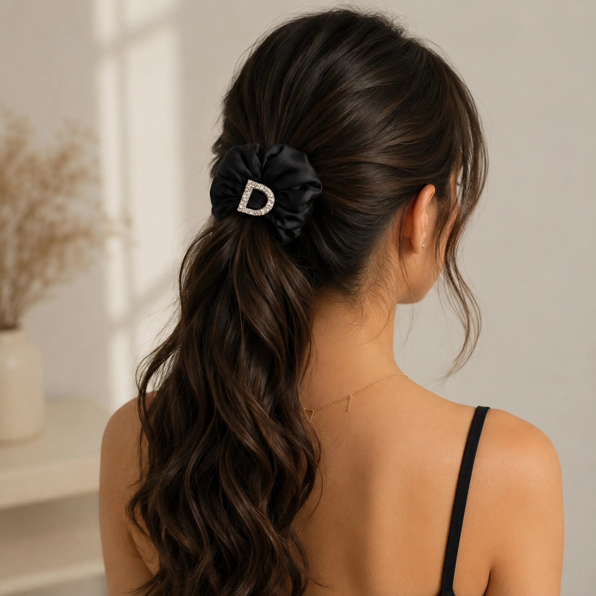 Black-satin-scrunchie-with-rhinestone-buckle-hair-accessory-for-women