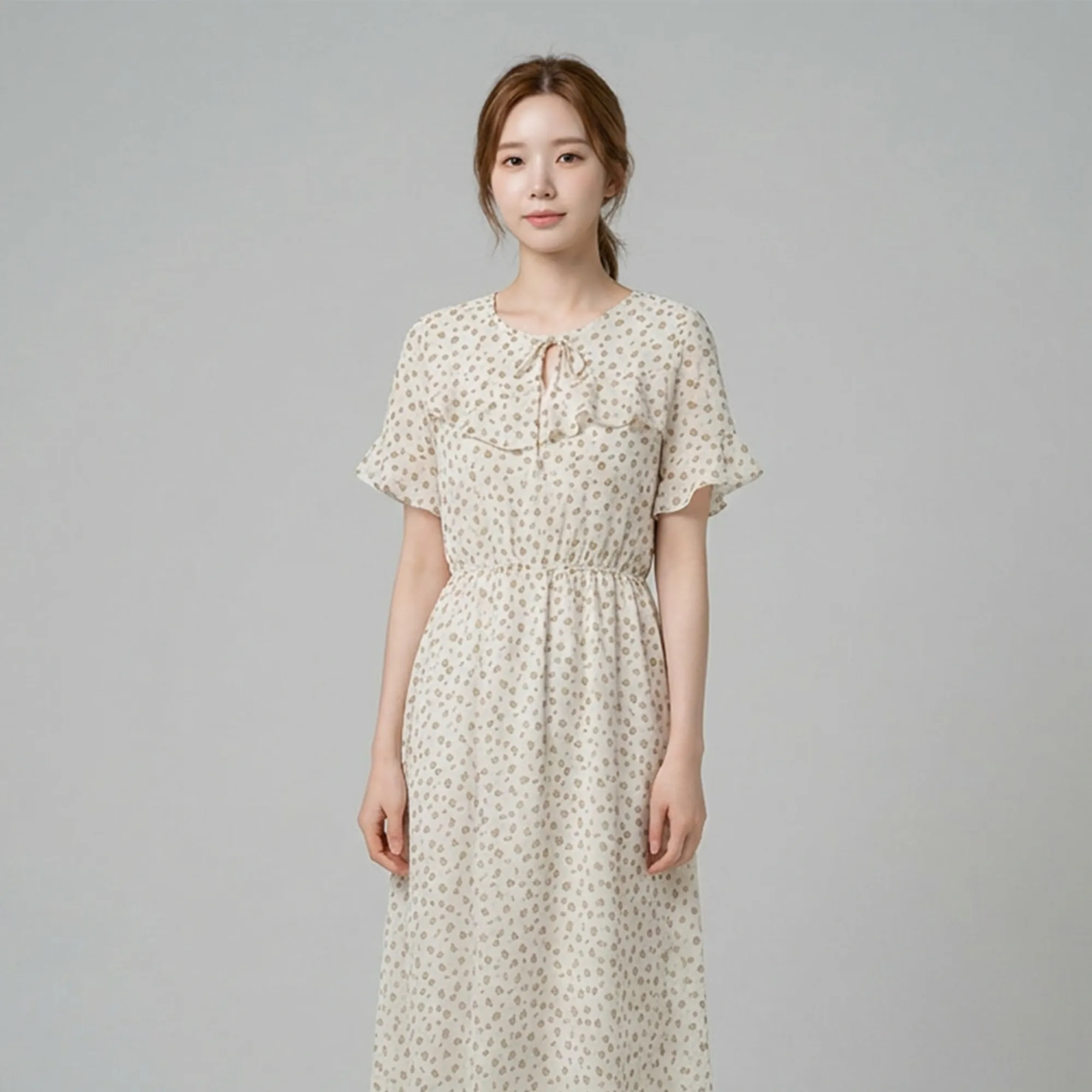 Beige-abstract-printed-midi-dress-with-ruffle-detail-and-flutter-sleeves