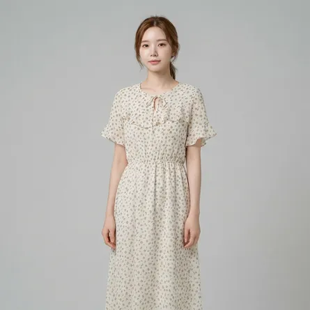Beige-abstract-printed-midi-dress-with-ruffle-detail-and-flutter-sleeves