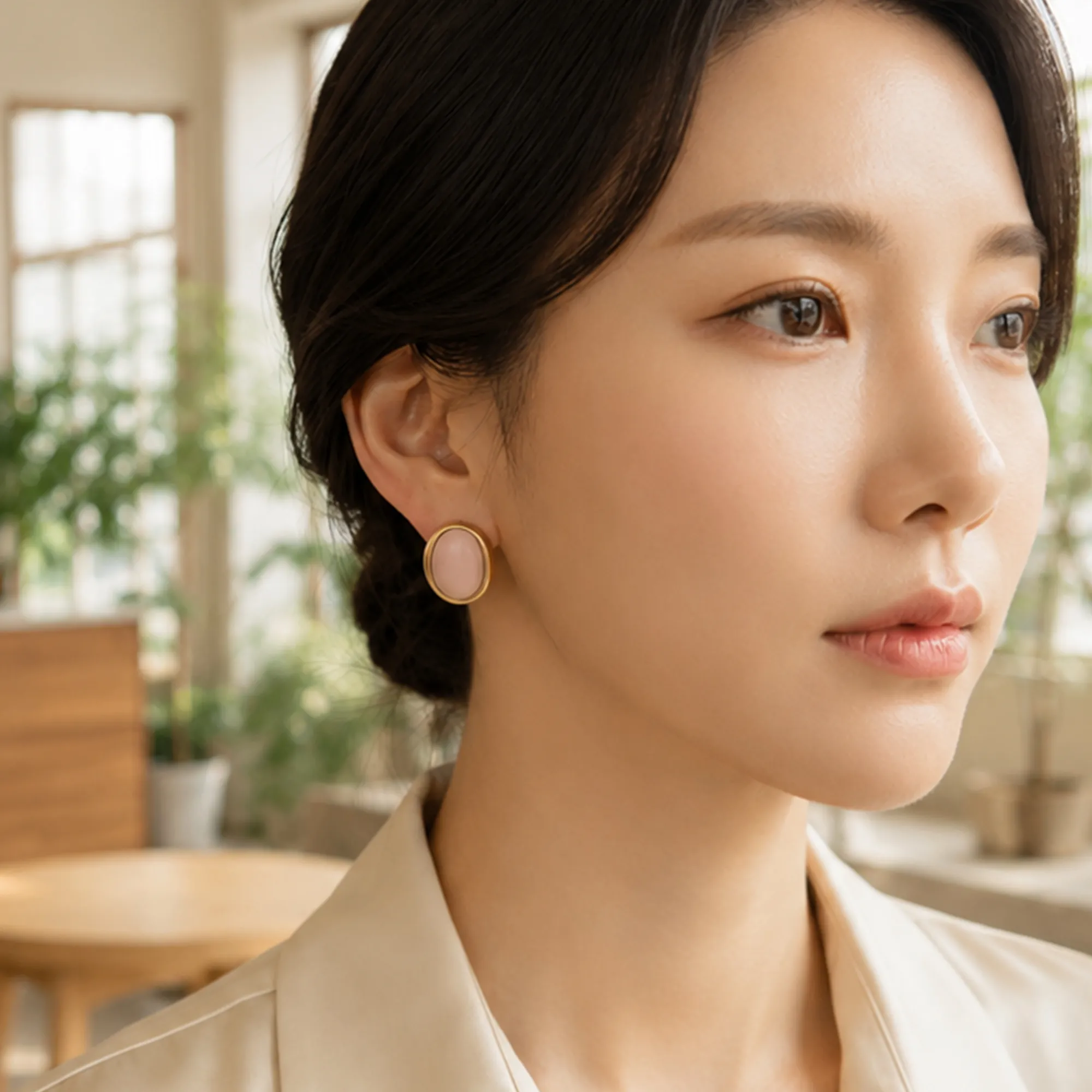 Pink-oval-gold-tone-stud-earrings-for-women