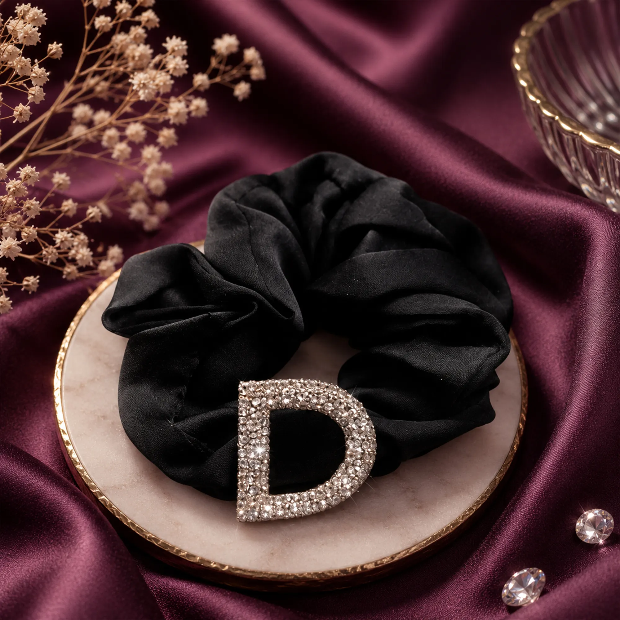 Black-satin-scrunchie-with-rhinestone-buckle-hair-accessory-for-women