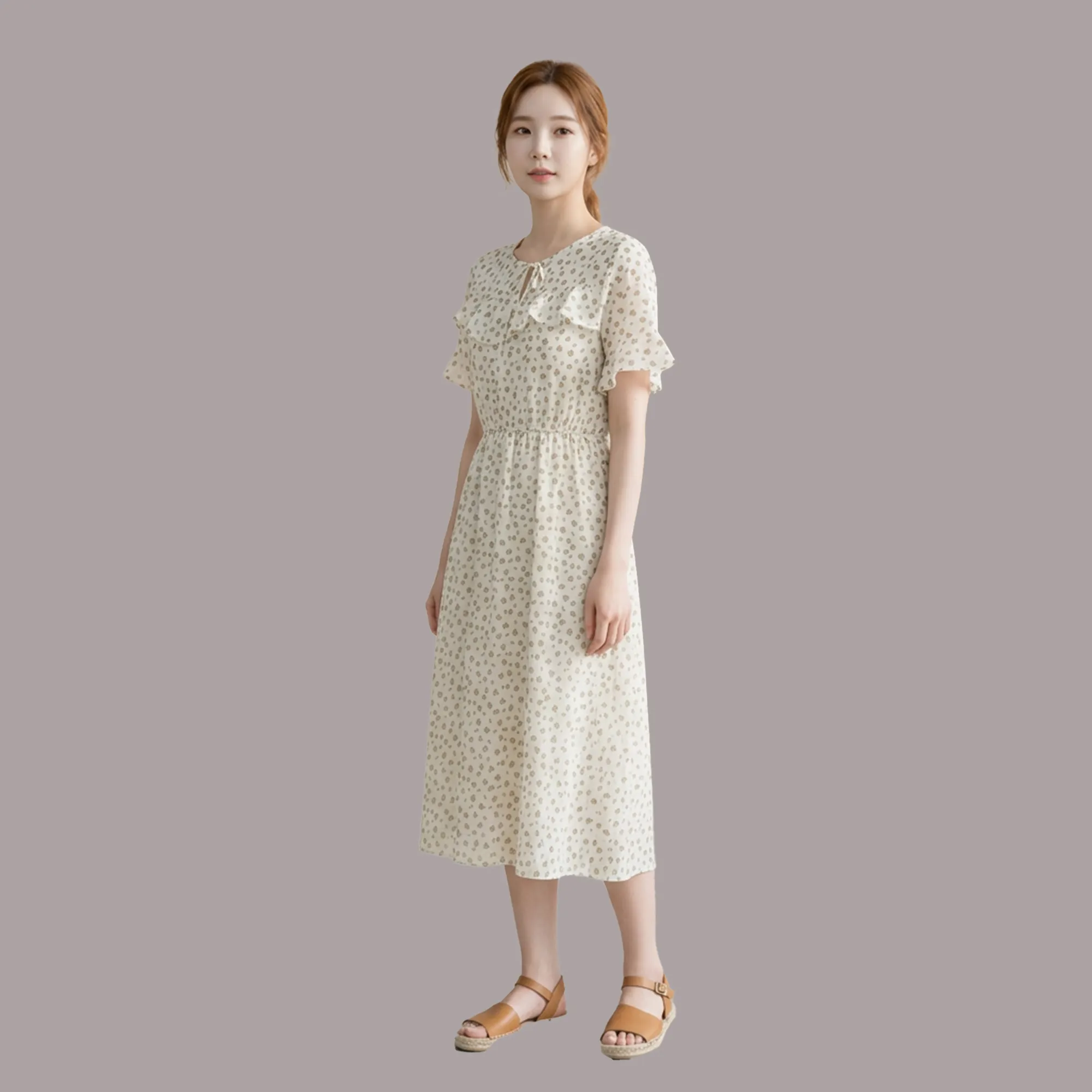 Beige-abstract-printed-midi-dress-with-ruffle-detail-and-flutter-sleeves