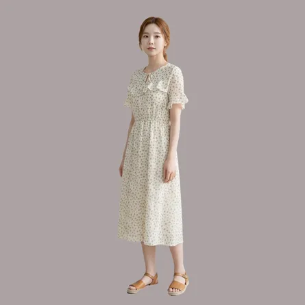 Beige-abstract-printed-midi-dress-with-ruffle-detail-and-flutter-sleeves