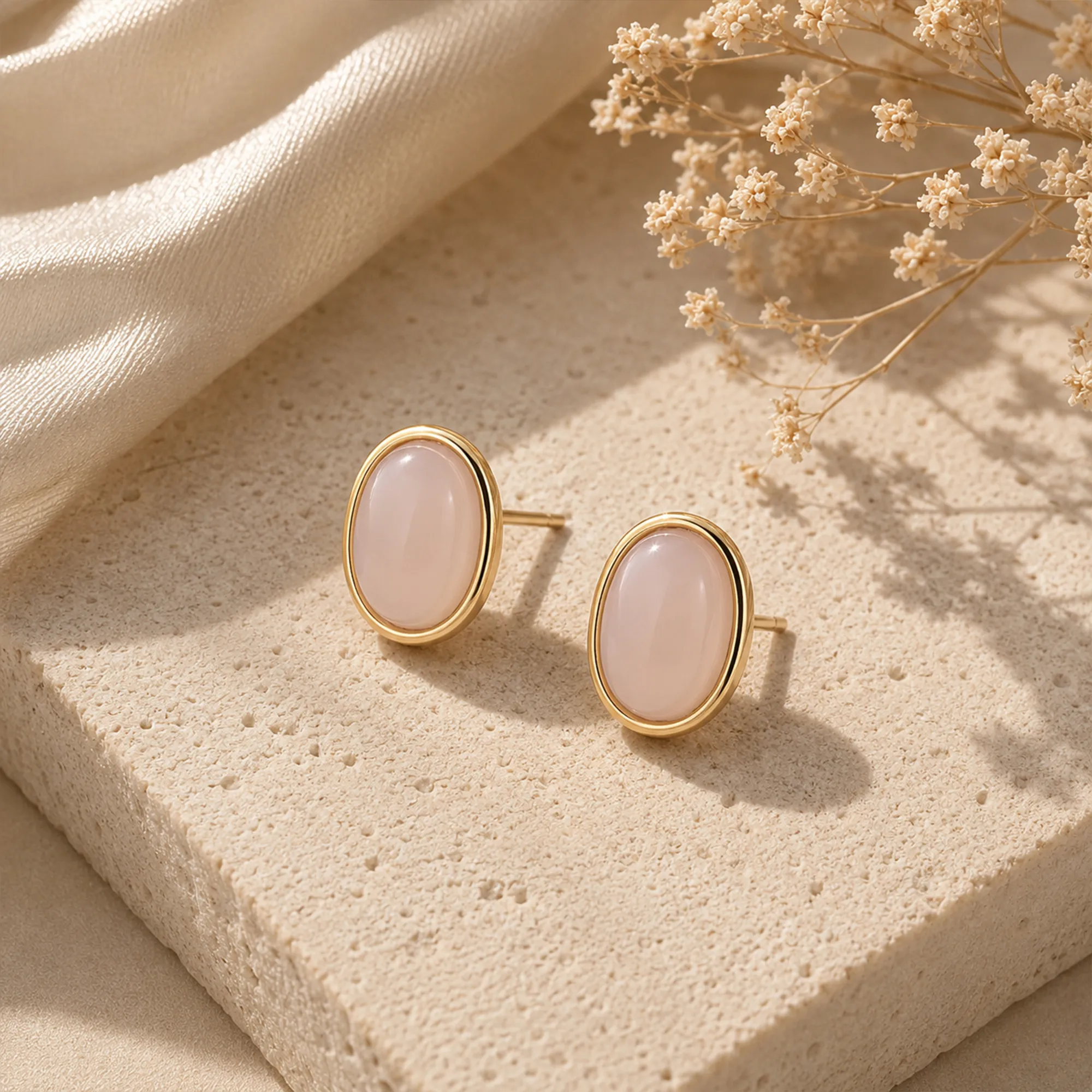 Pink-oval-gold-tone-stud-earrings-for-women