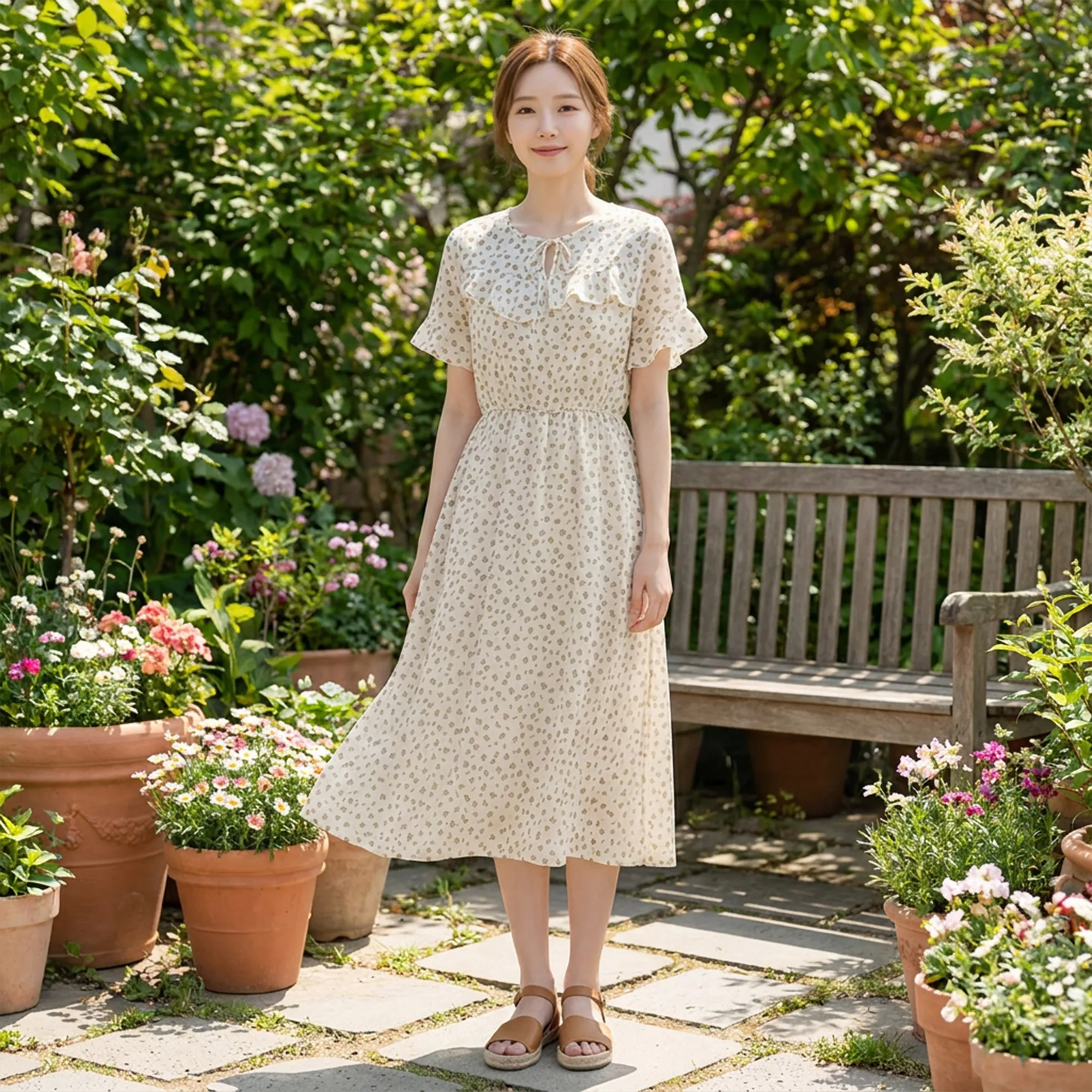 Beige-abstract-printed-midi-dress-with-ruffle-detail-and-flutter-sleeves