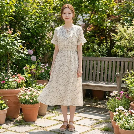 Beige-abstract-printed-midi-dress-with-ruffle-detail-and-flutter-sleeves