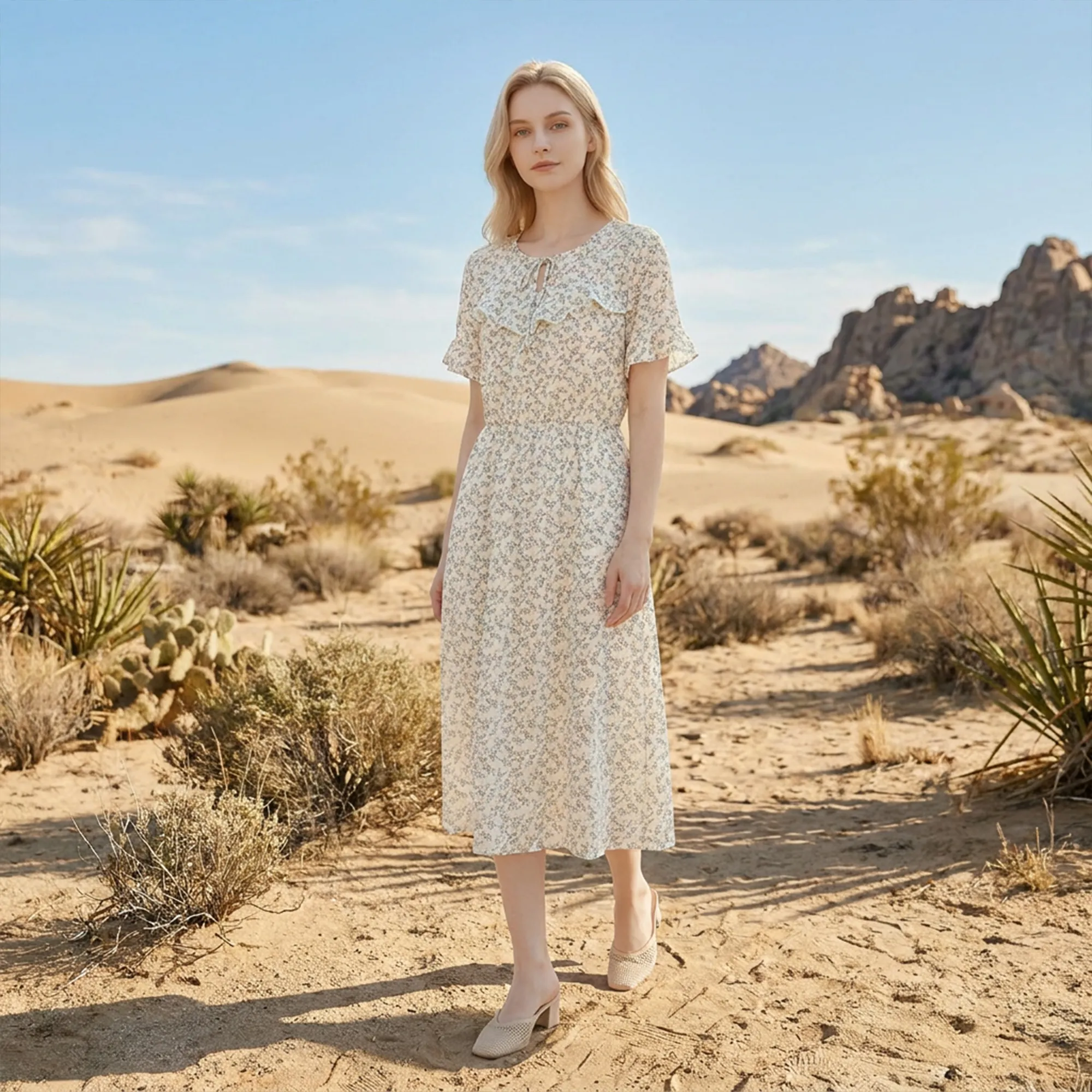 Beige-floral-printed-midi-dress-with-ruffle-detail-and-flutter-sleeves