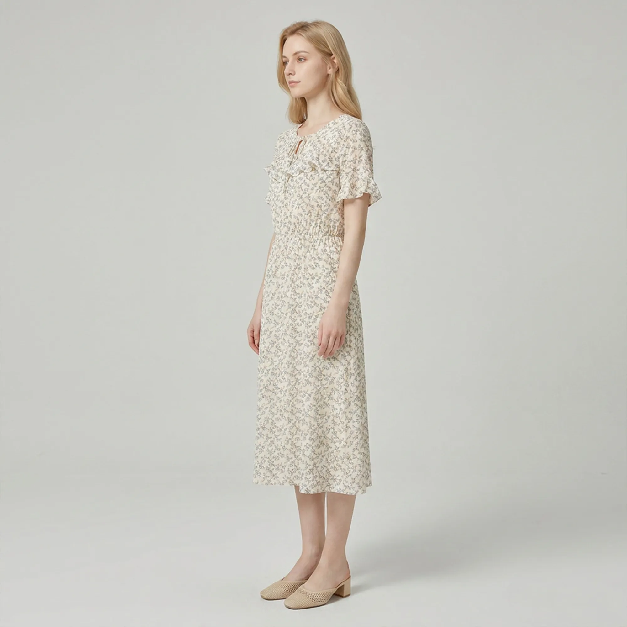 Beige-floral-printed-midi-dress-with-ruffle-detail-and-flutter-sleeves