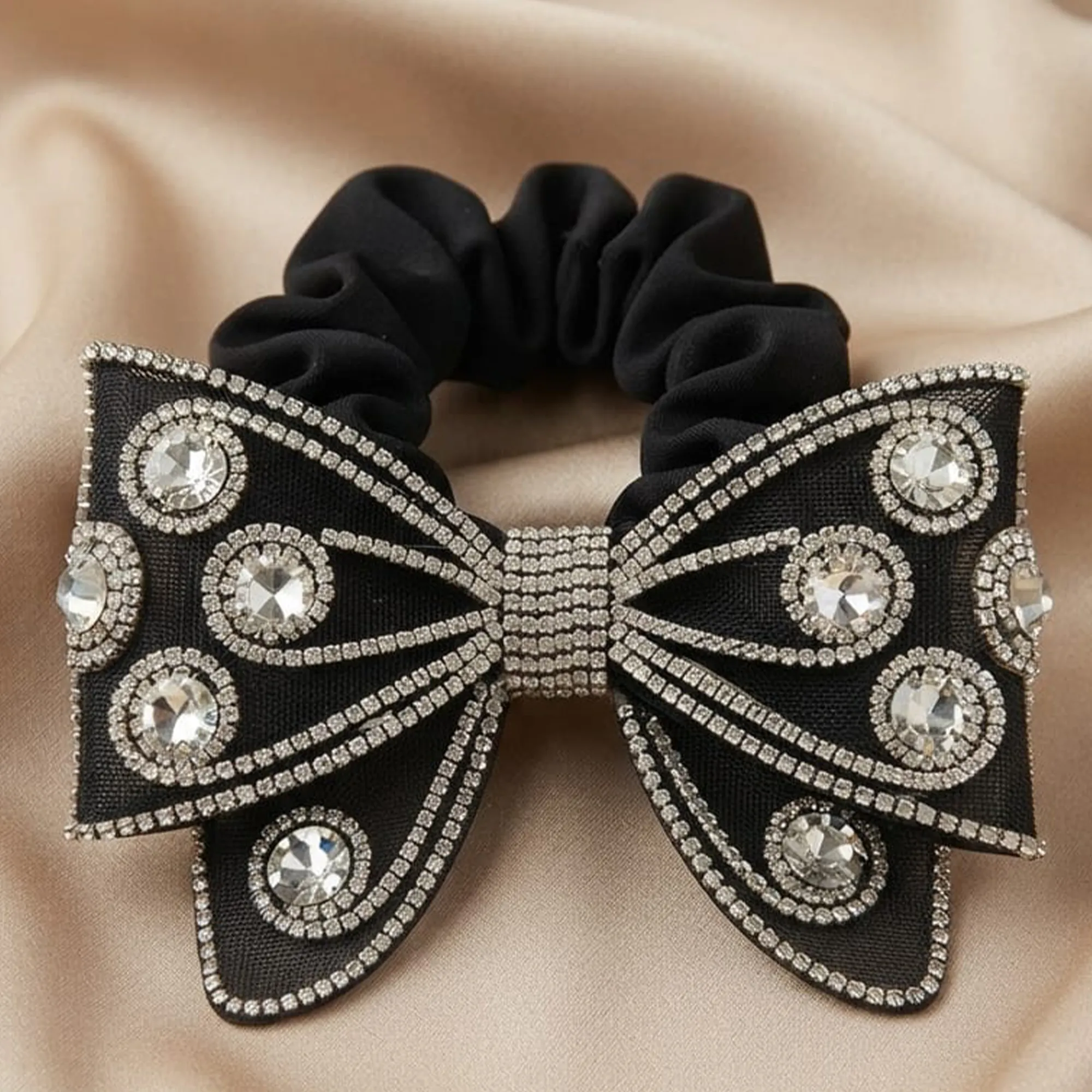 Black-rhinestone-bow-scrunchie-with-crystal-embellished-hair-accessory