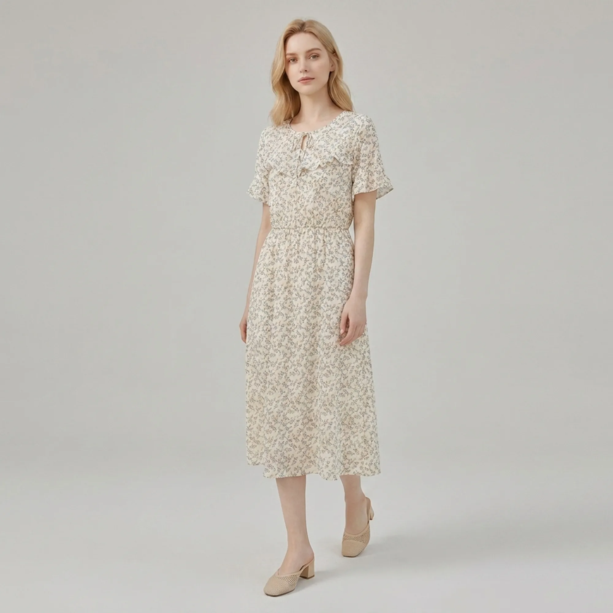 Beige-floral-printed-midi-dress-with-ruffle-detail-and-flutter-sleeves