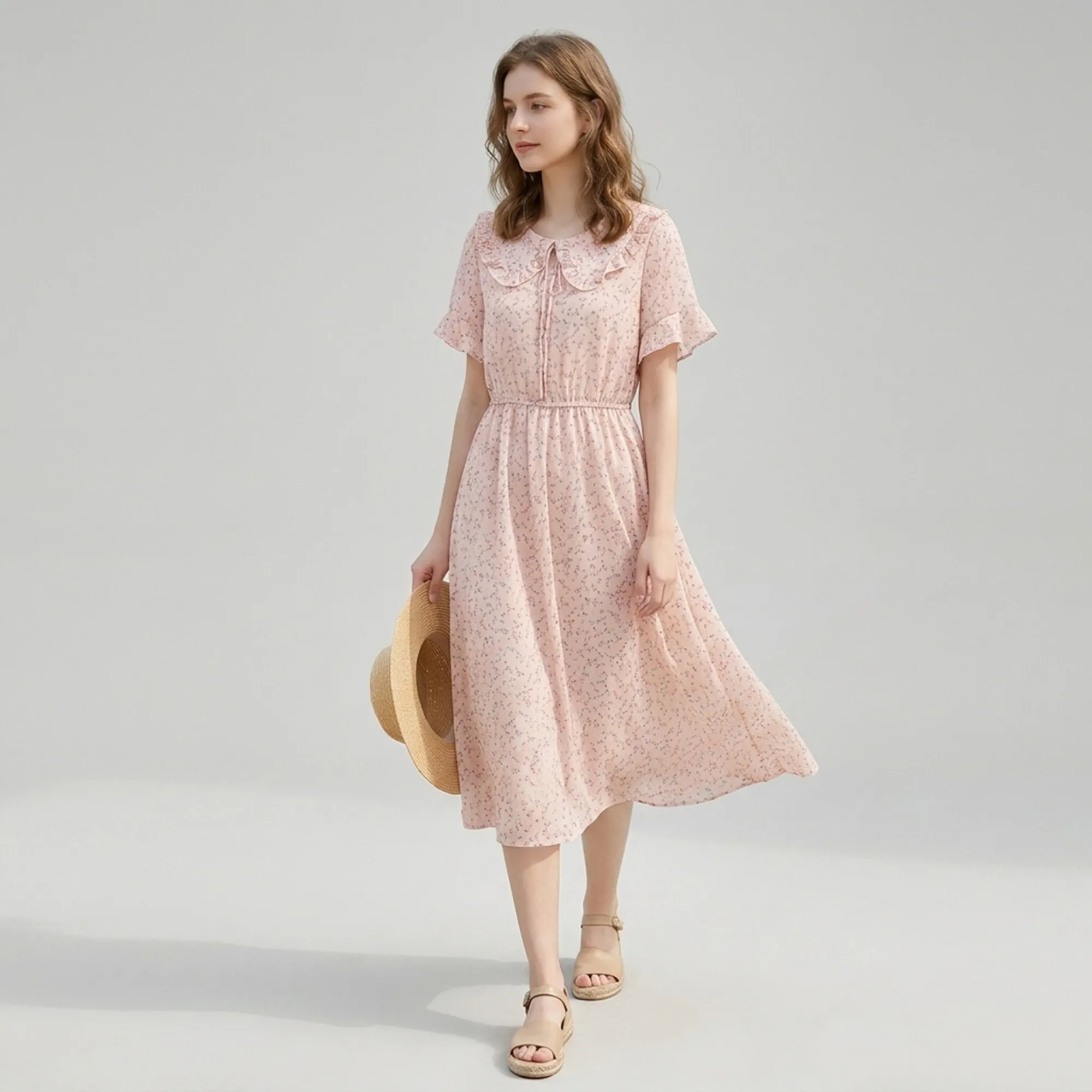 Pastel-pink-floral-midi-dress-with-peter-pan-collar-and-flutter-sleeves