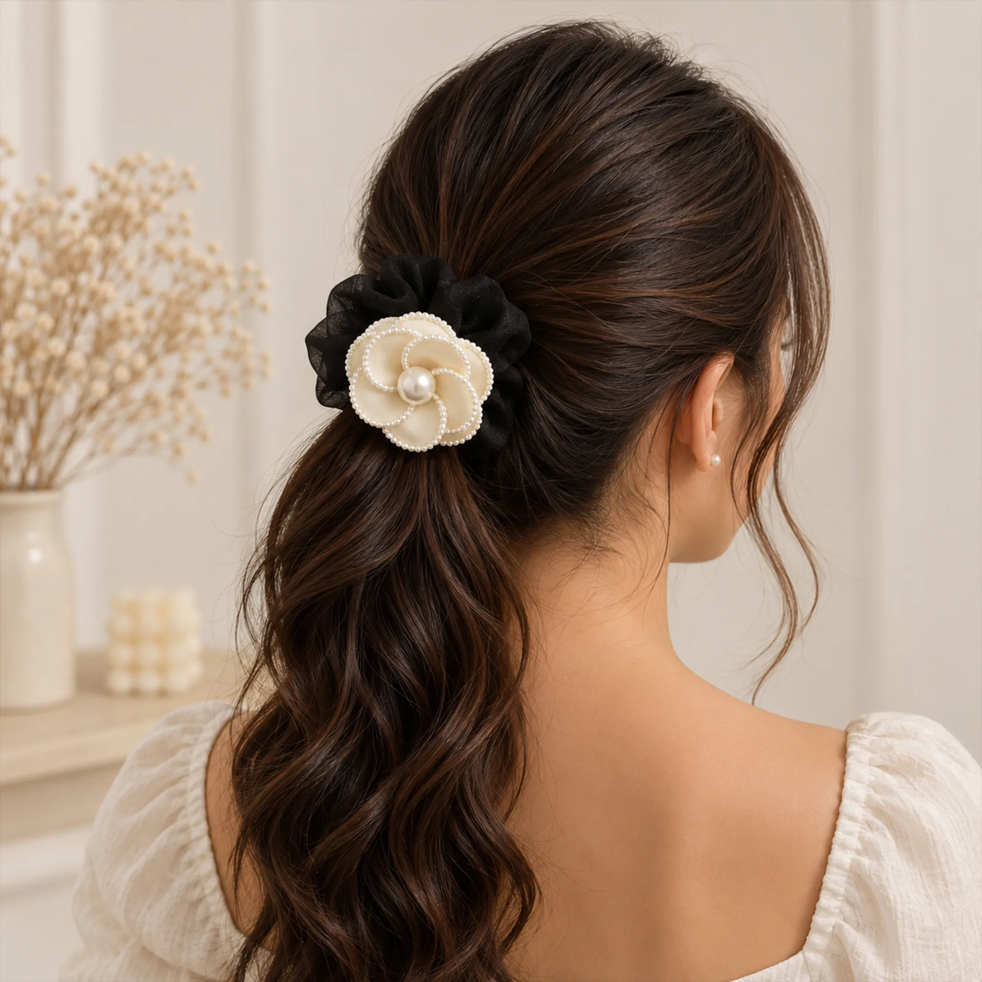 Black-scrunchie-with-cream-pearl-flower-embellishment-hair-accessory