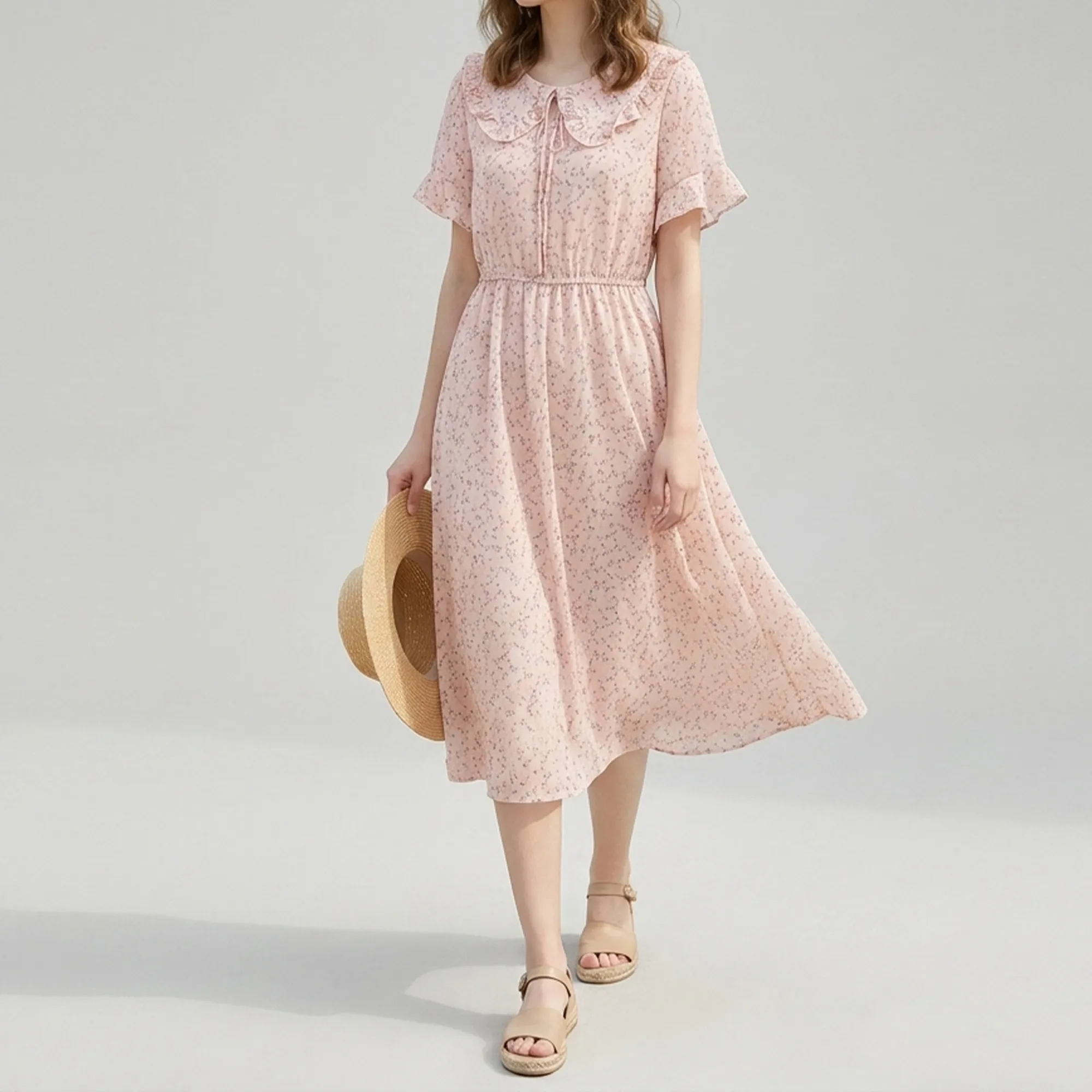 Pastel-pink-floral-midi-dress-with-peter-pan-collar-and-flutter-sleeves