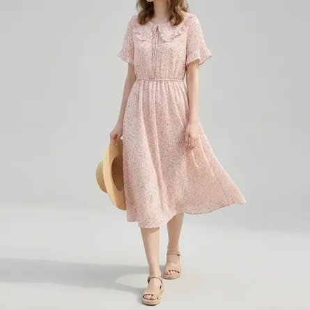 Pastel-pink-floral-midi-dress-with-peter-pan-collar-and-flutter-sleeves