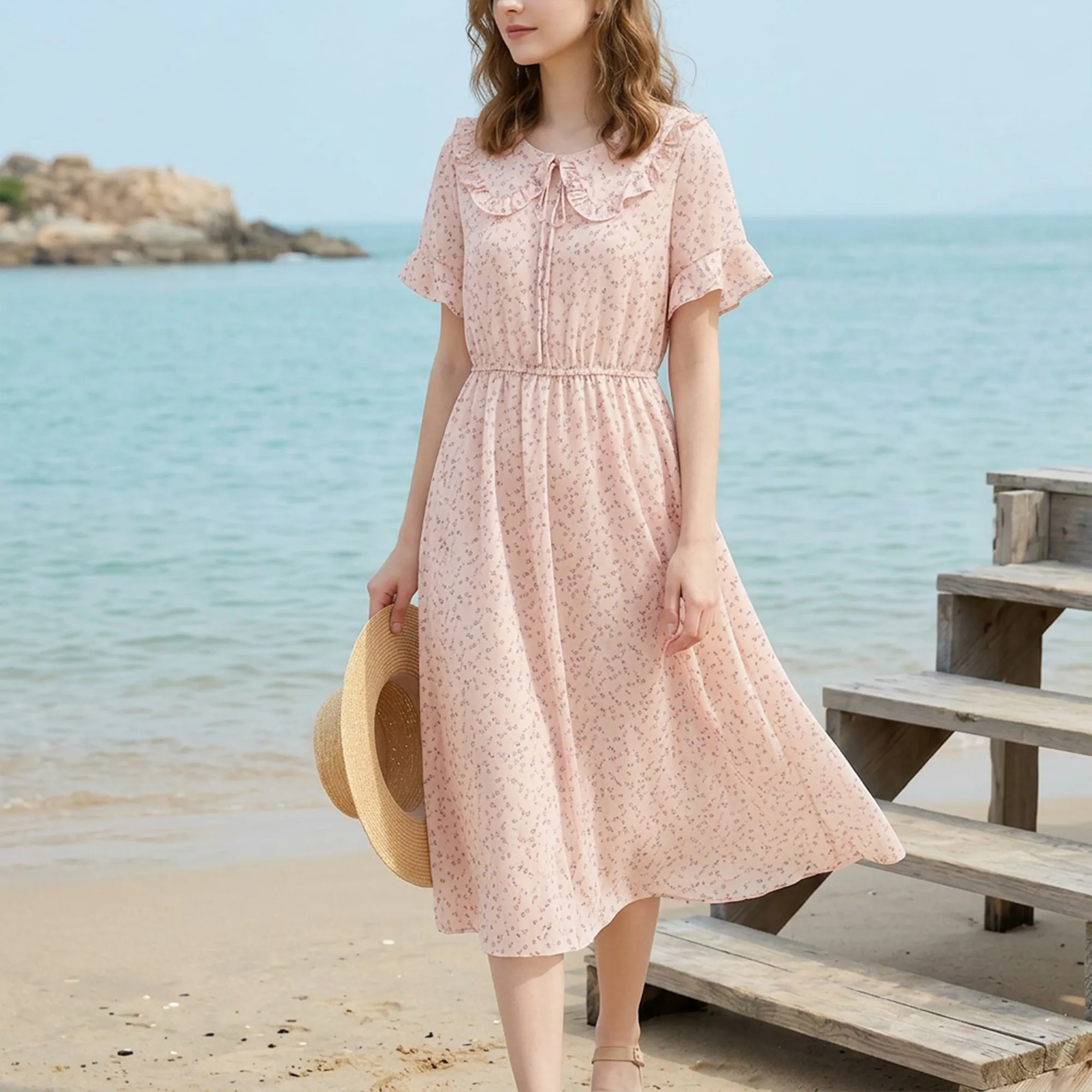 Pastel-pink-floral-midi-dress-with-peter-pan-collar-and-flutter-sleeves