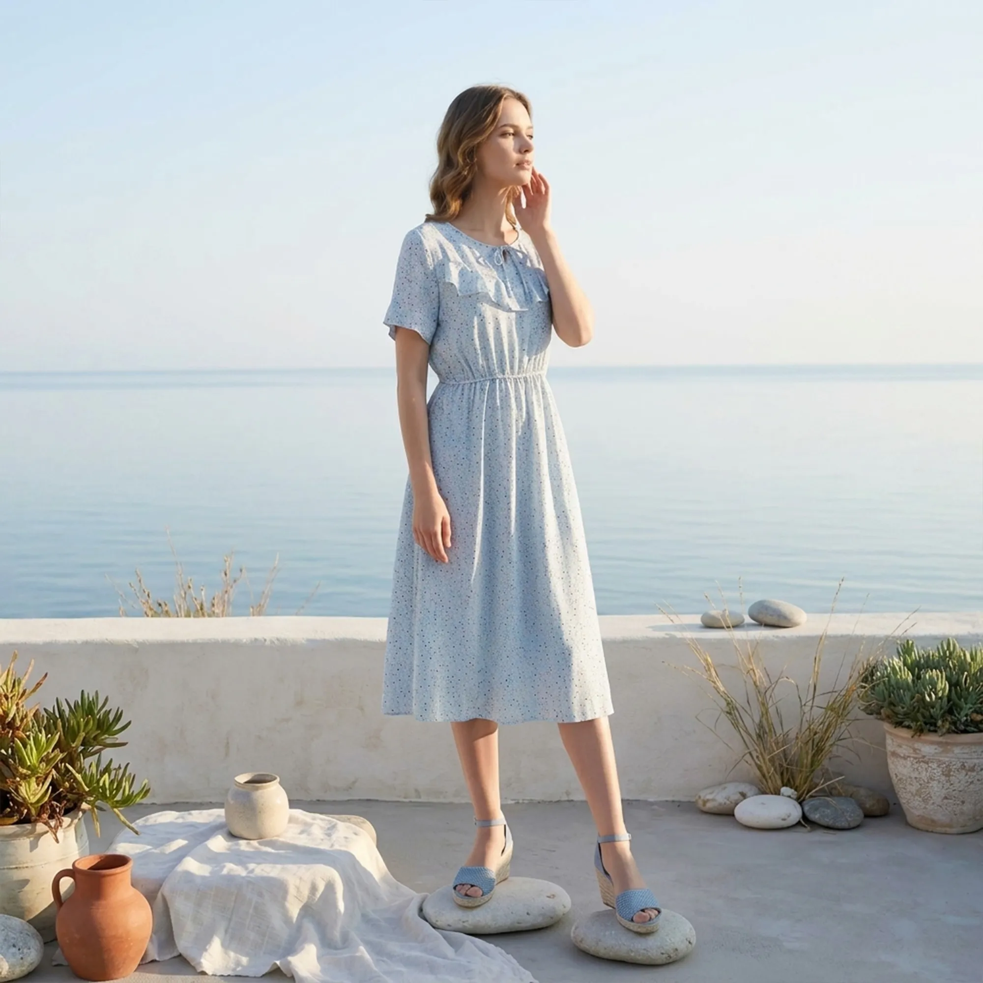 Light-blue-floral-printed-midi-dress-with-ruffle-detail-and-short-sleeves