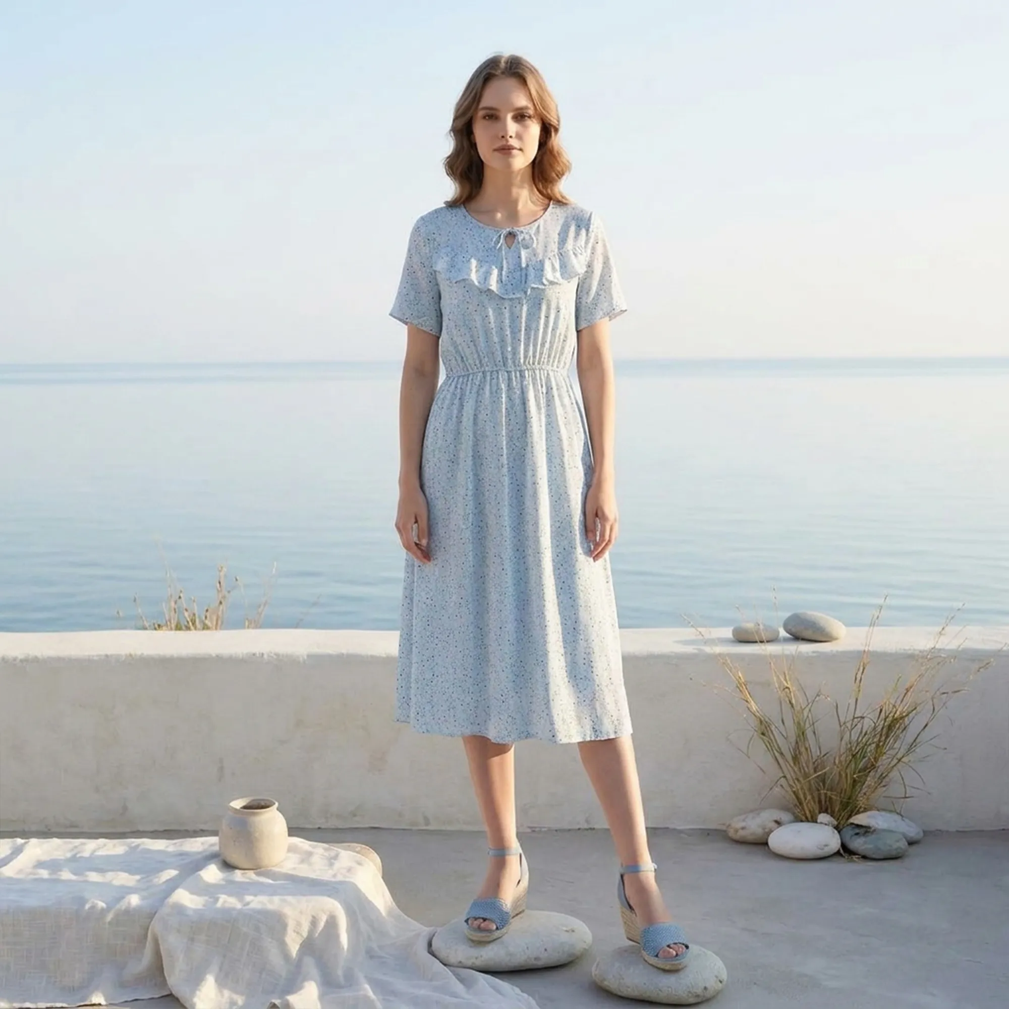 Light-blue-floral-printed-midi-dress-with-ruffle-detail-and-short-sleeves