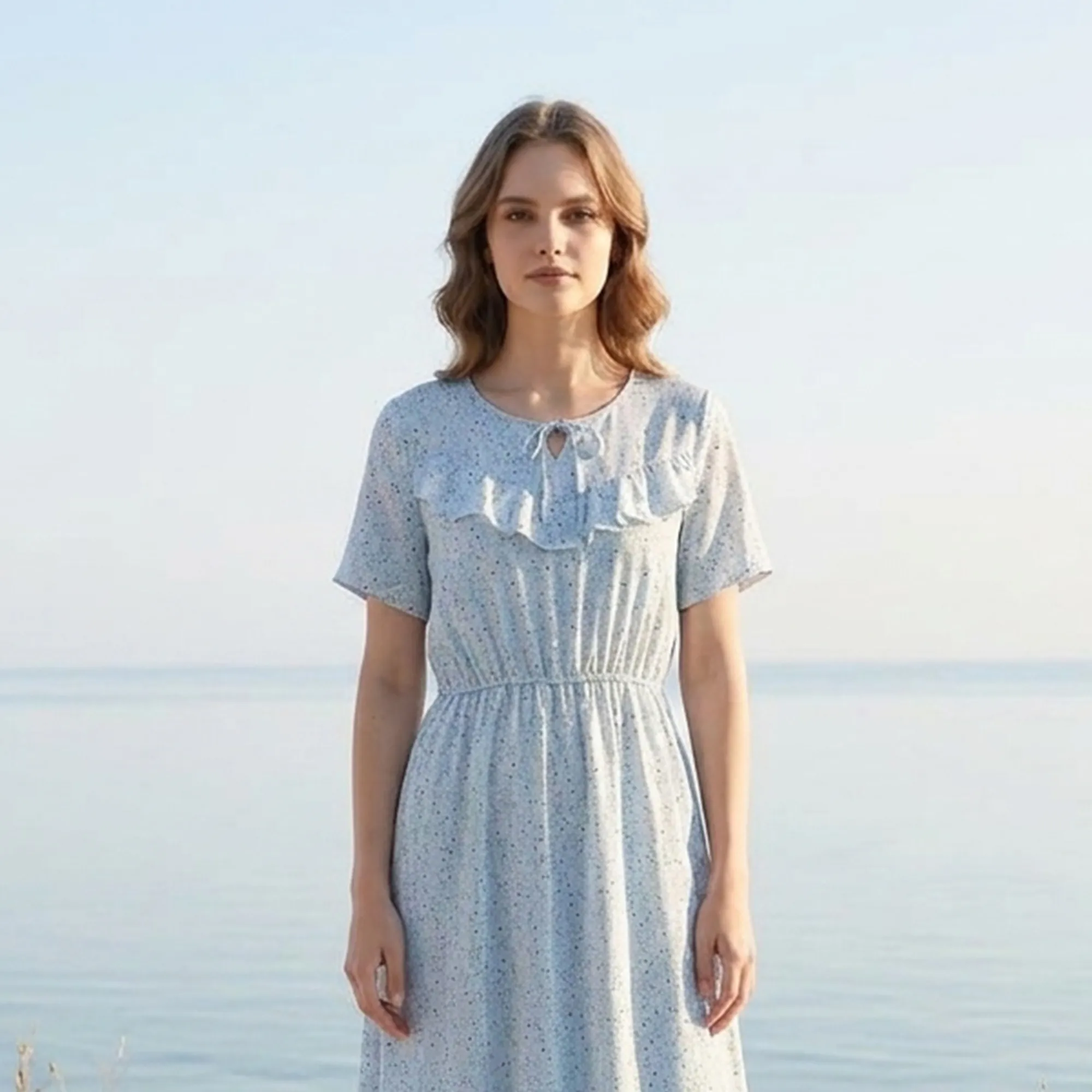 Light-blue-floral-printed-midi-dress-with-ruffle-detail-and-short-sleeves