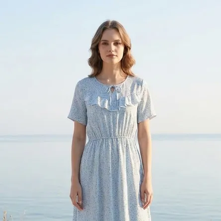 Light-blue-floral-printed-midi-dress-with-ruffle-detail-and-short-sleeves