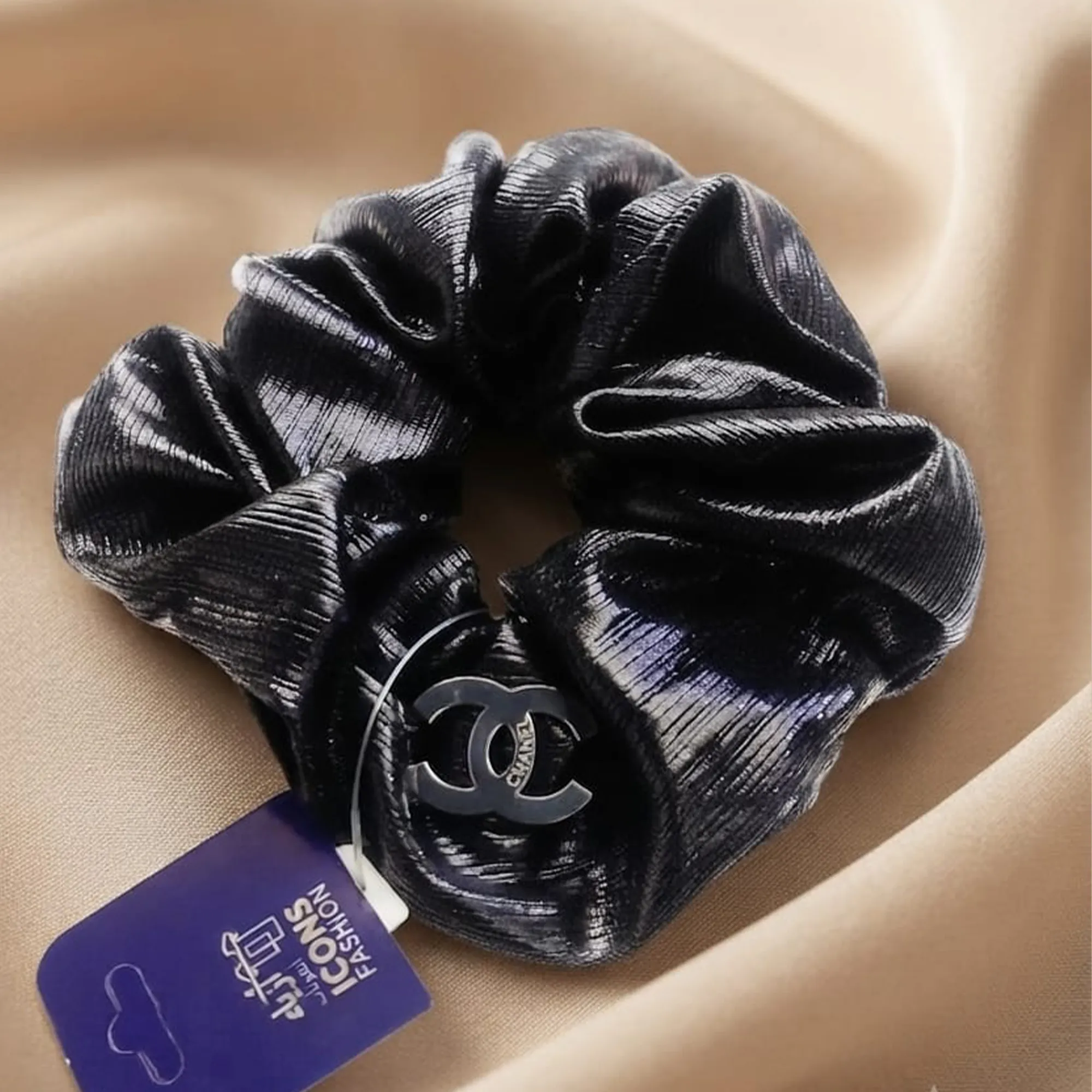 black-satin-scrunchie-with-metallic-double-c-charm-hair-accessory