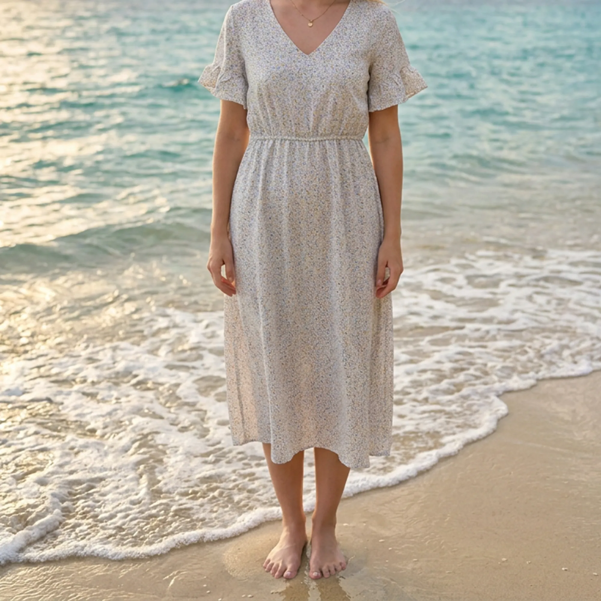 Beige-floral-printed-v-neck-midi-dress-with-flared-sleeves