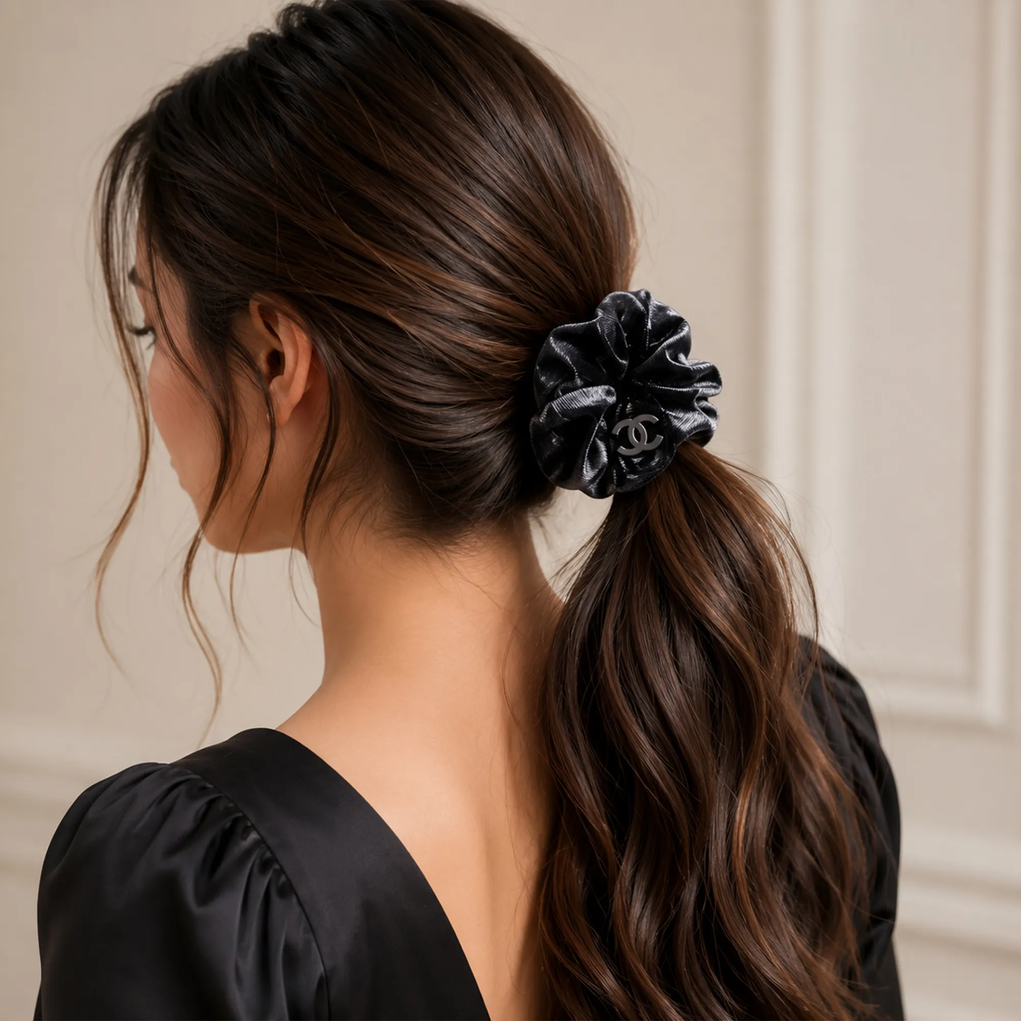 black-satin-scrunchie-with-metallic-double-c-charm-hair-accessory