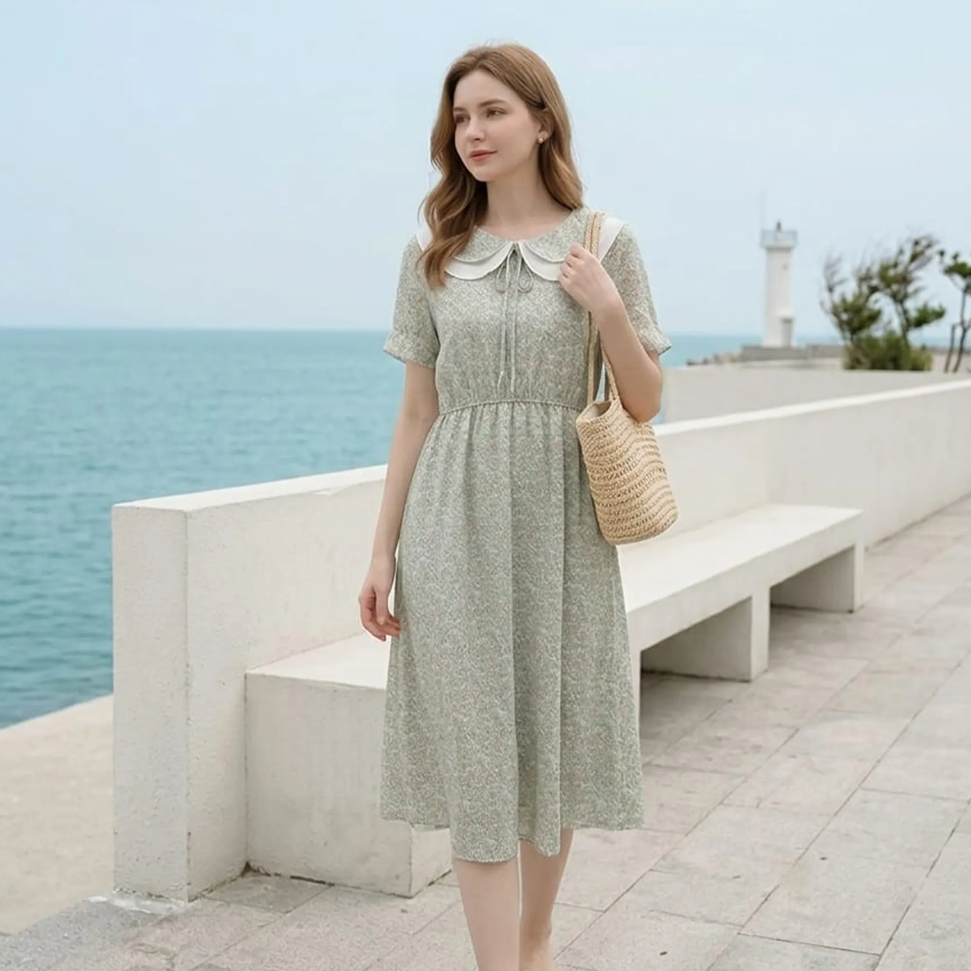 Sage-green-midi-dress-with-white-peter-pan-collar-and-floral-print