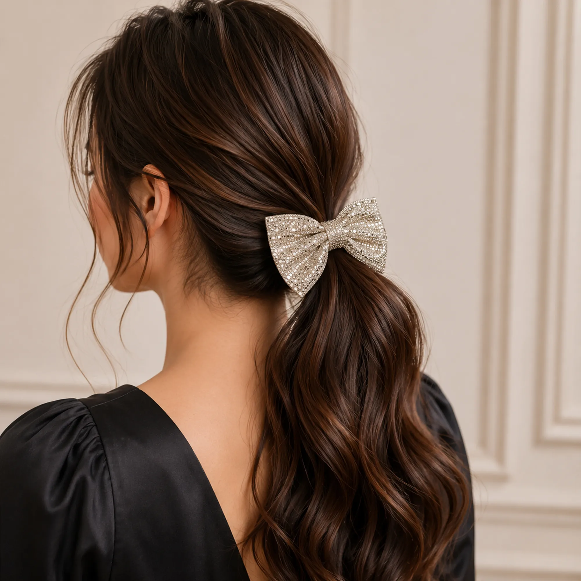 Black-scrunchie-with-silver-rhinestone-embellished-bow-hair-accessory