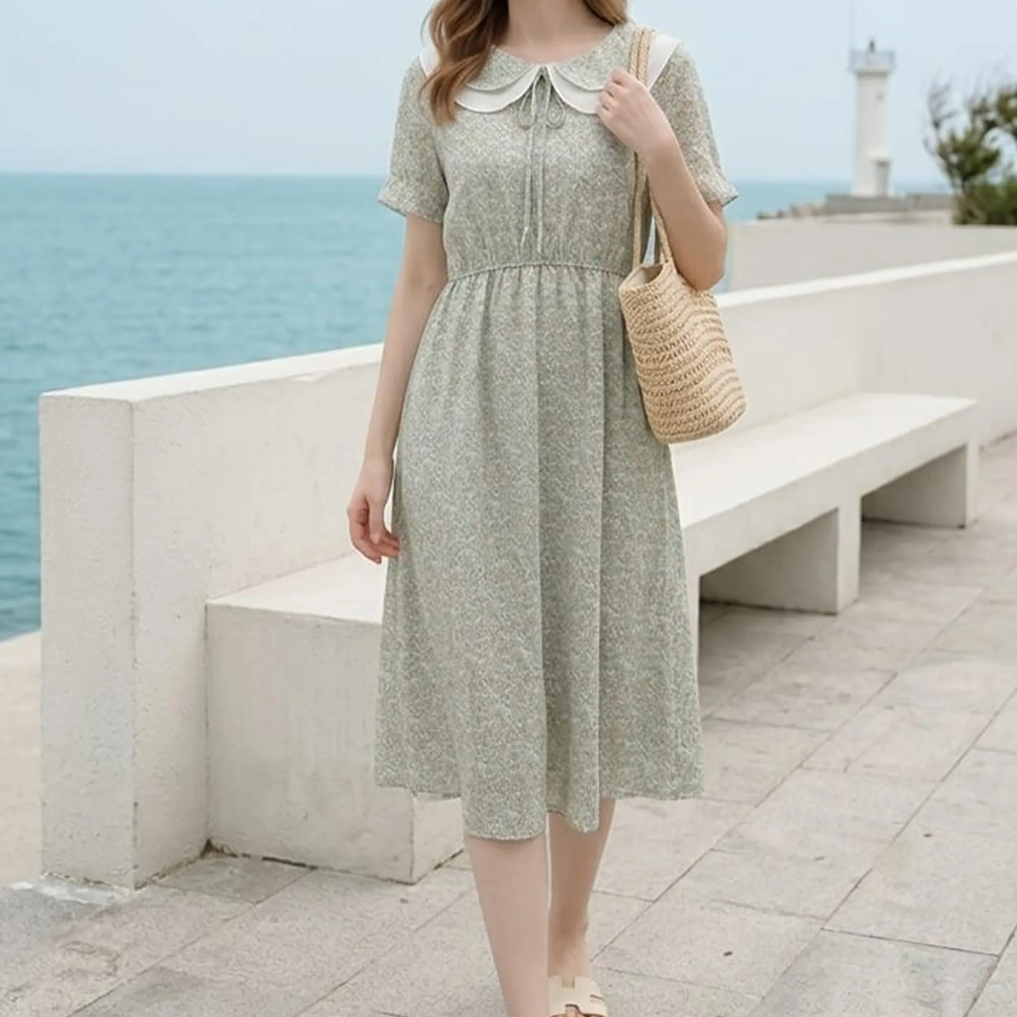 Sage-green-midi-dress-with-white-peter-pan-collar-and-floral-print