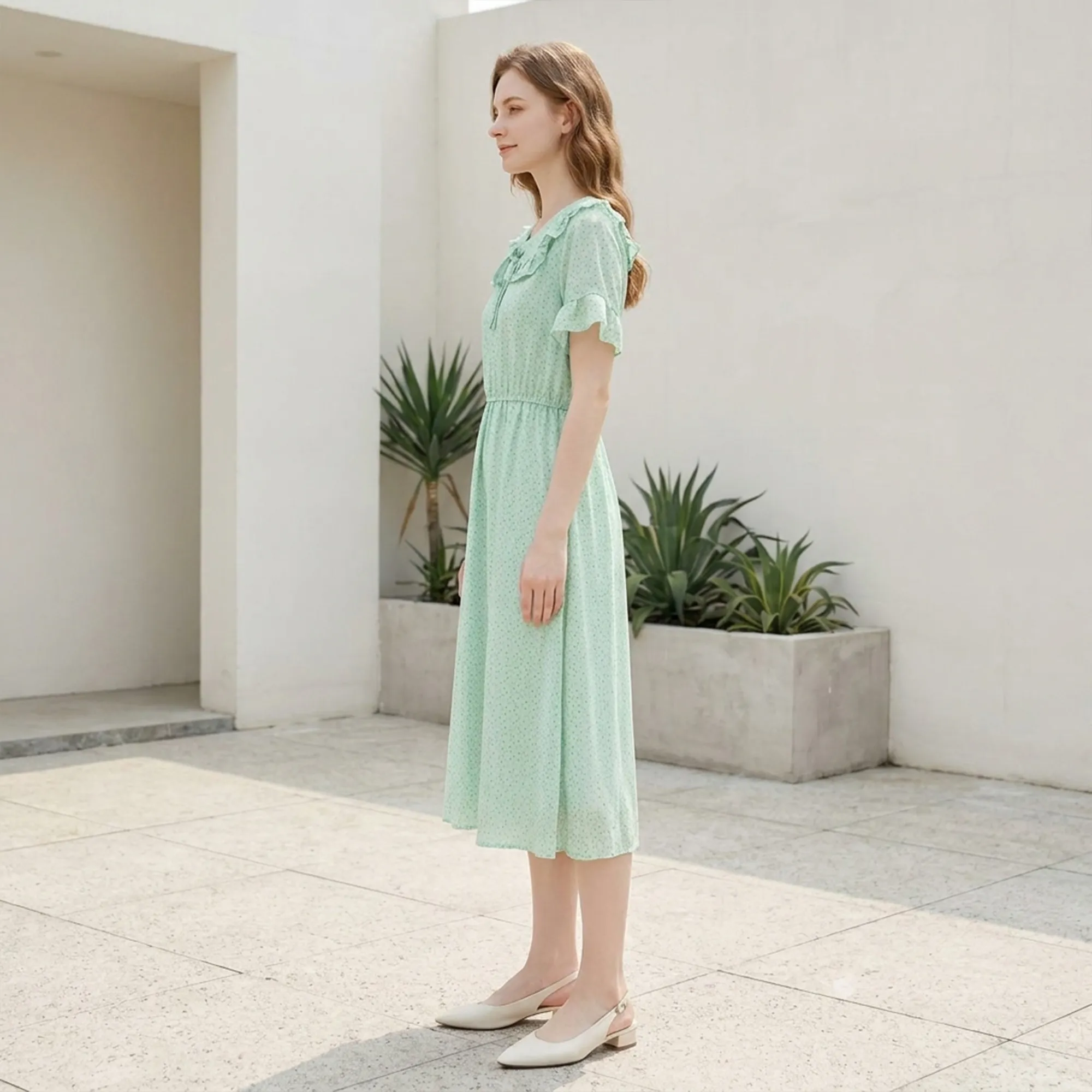 Mint-green-floral-midi-dress-with-ruffled-collar-and-short-ruffle-sleeves