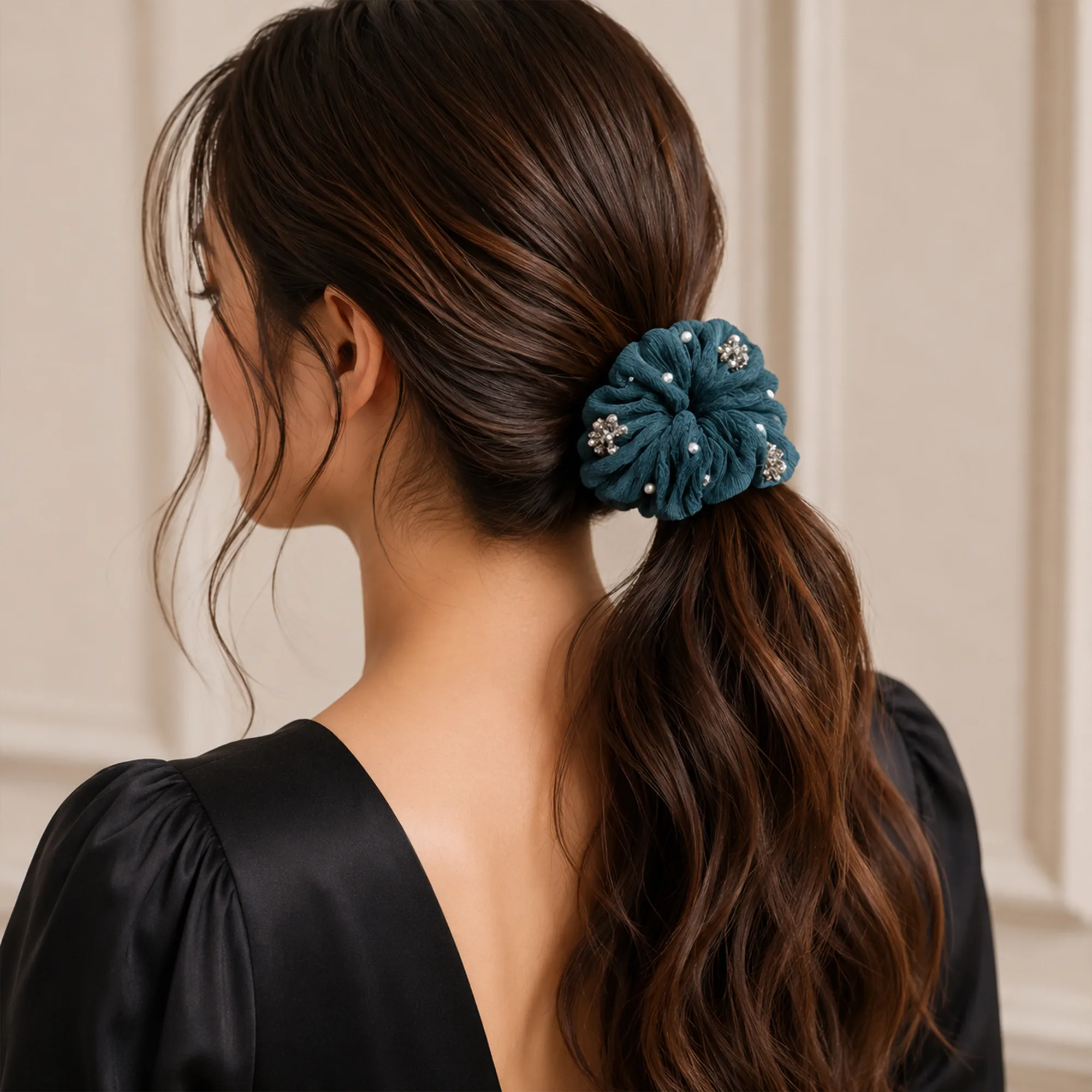 Teal-textured-scrunchie-with-pearl-and-crystal-embellishments-hair-accessory