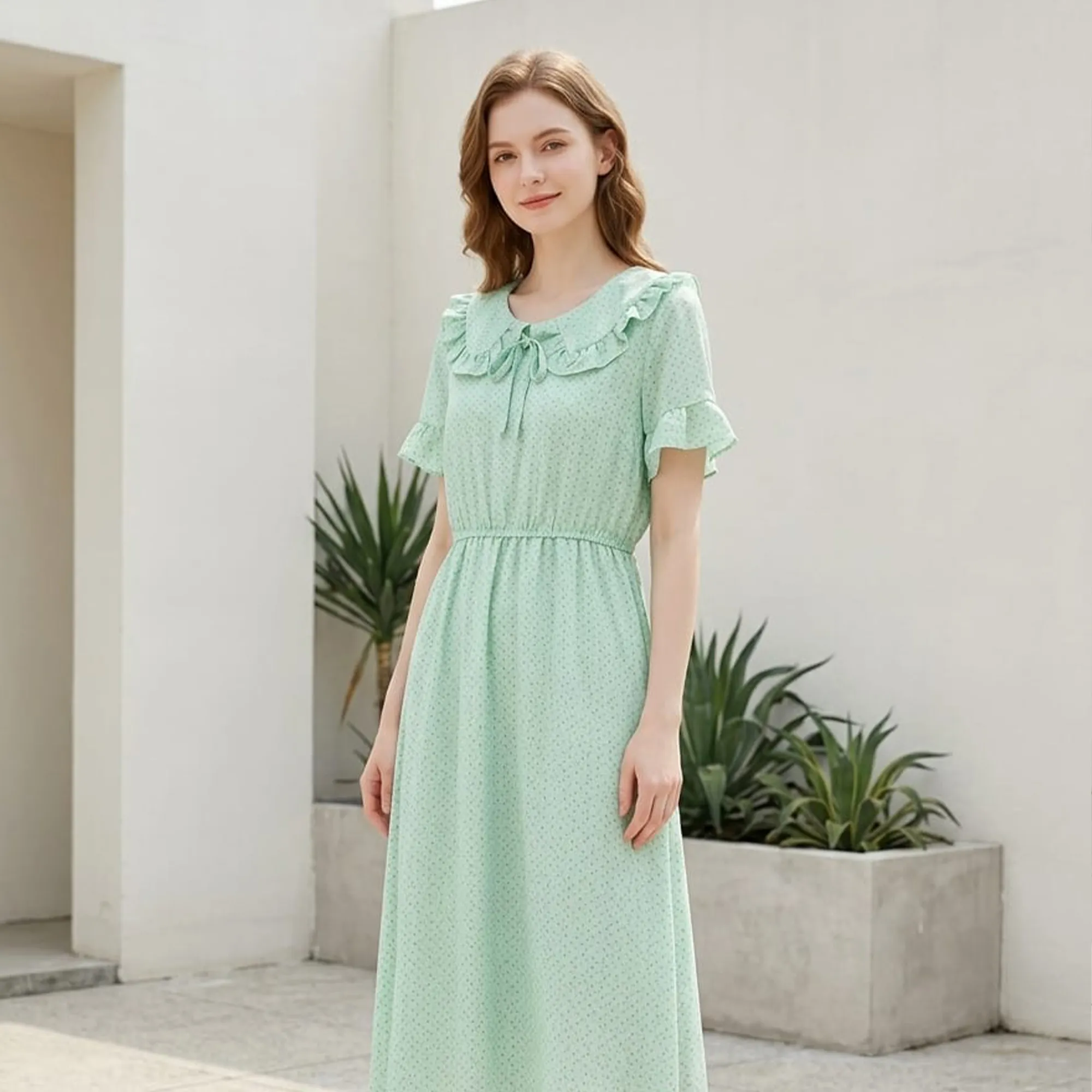 Mint-green-floral-midi-dress-with-ruffled-collar-and-short-ruffle-sleeves
